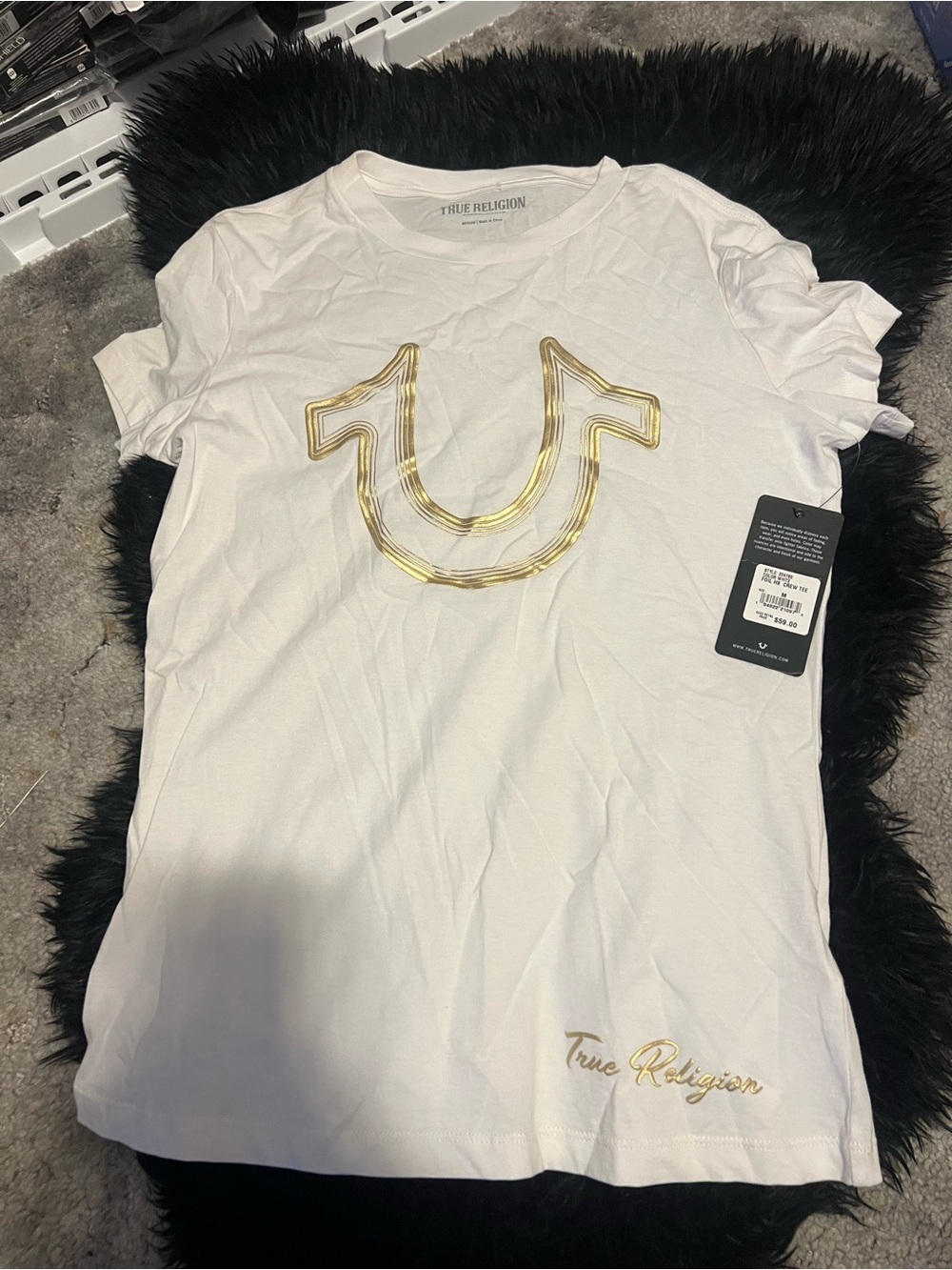 True Religion White Tee with Gold Foil Logo Tag
